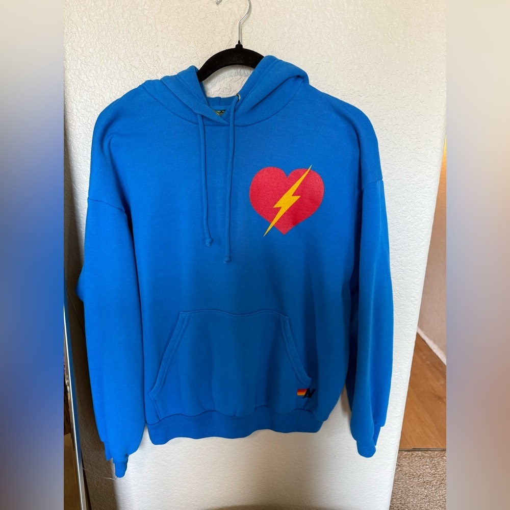 Aviator Nation Bolt Heart Relaxed Pullover Hoodie Blue Unisex New